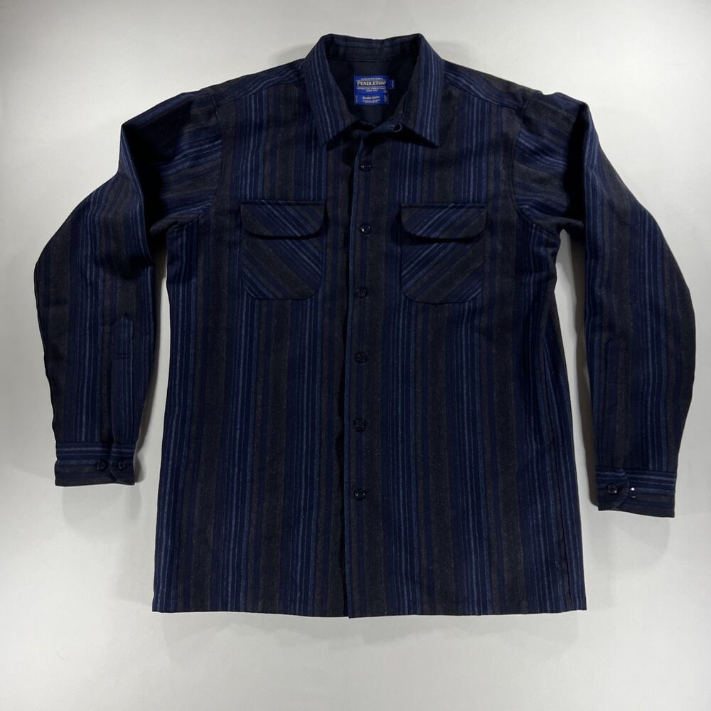 Pendleton Board Shirt Mens L Tall Blue & Black Striped Flannel Wool Loop Collar